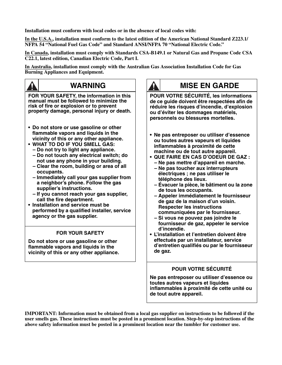 Warning, Mise en garde | Alliance Laundry Systems Drying Tumbler Part No. 70400401R2 User Manual | Page 3 / 24