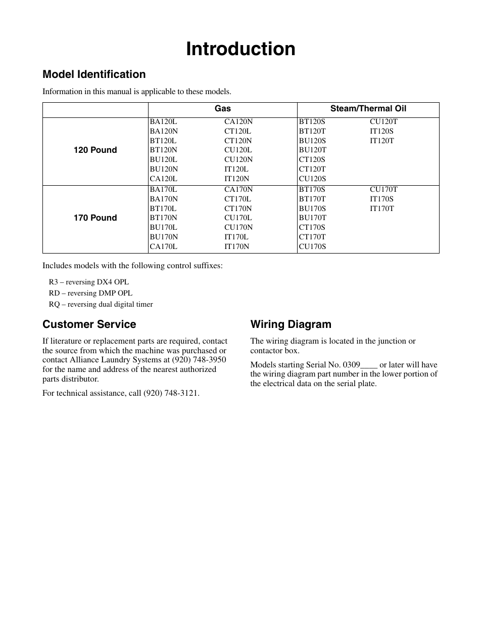 Introduction, Model identification, Customer service | Wiring diagram | Alliance Laundry Systems Drying Tumbler Part No. 70400401R2 User Manual | Page 5 / 24