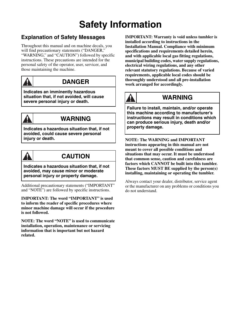 Safety information, Explanation of safety messages, Danger | Warning, Caution | Alliance Laundry Systems Drying Tumbler Part No. 70400401R2 User Manual | Page 7 / 24