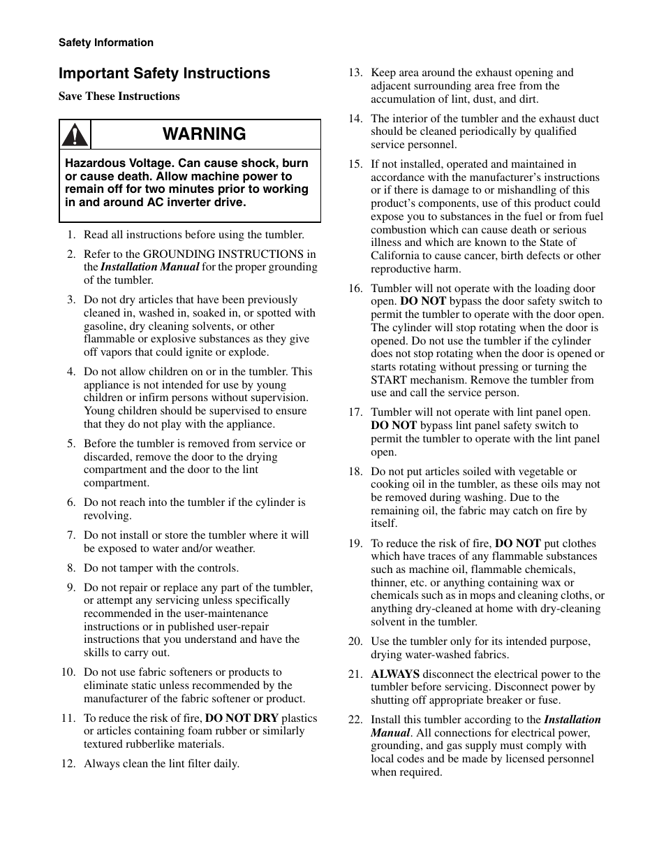 Important safety instructions, Warning | Alliance Laundry Systems Drying Tumbler Part No. 70400401R2 User Manual | Page 8 / 24