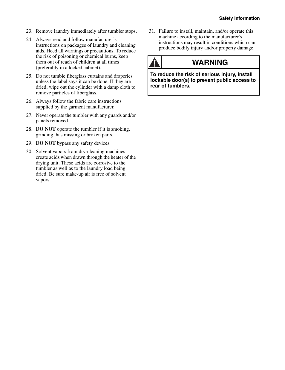 Warning | Alliance Laundry Systems Drying Tumbler Part No. 70400401R2 User Manual | Page 9 / 24