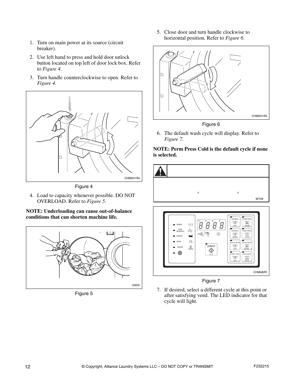 Operating instructions, Warning, Operation | Figure 4, Figure 5, Figure 6, Figure 7 | Alliance Laundry Systems HC125BYV User Manual | Page 14 / 21