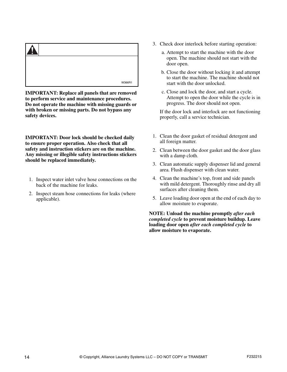 Maintenance, Daily, Beginning of day end of day | Warning | Alliance Laundry Systems HC125BYV User Manual | Page 16 / 21