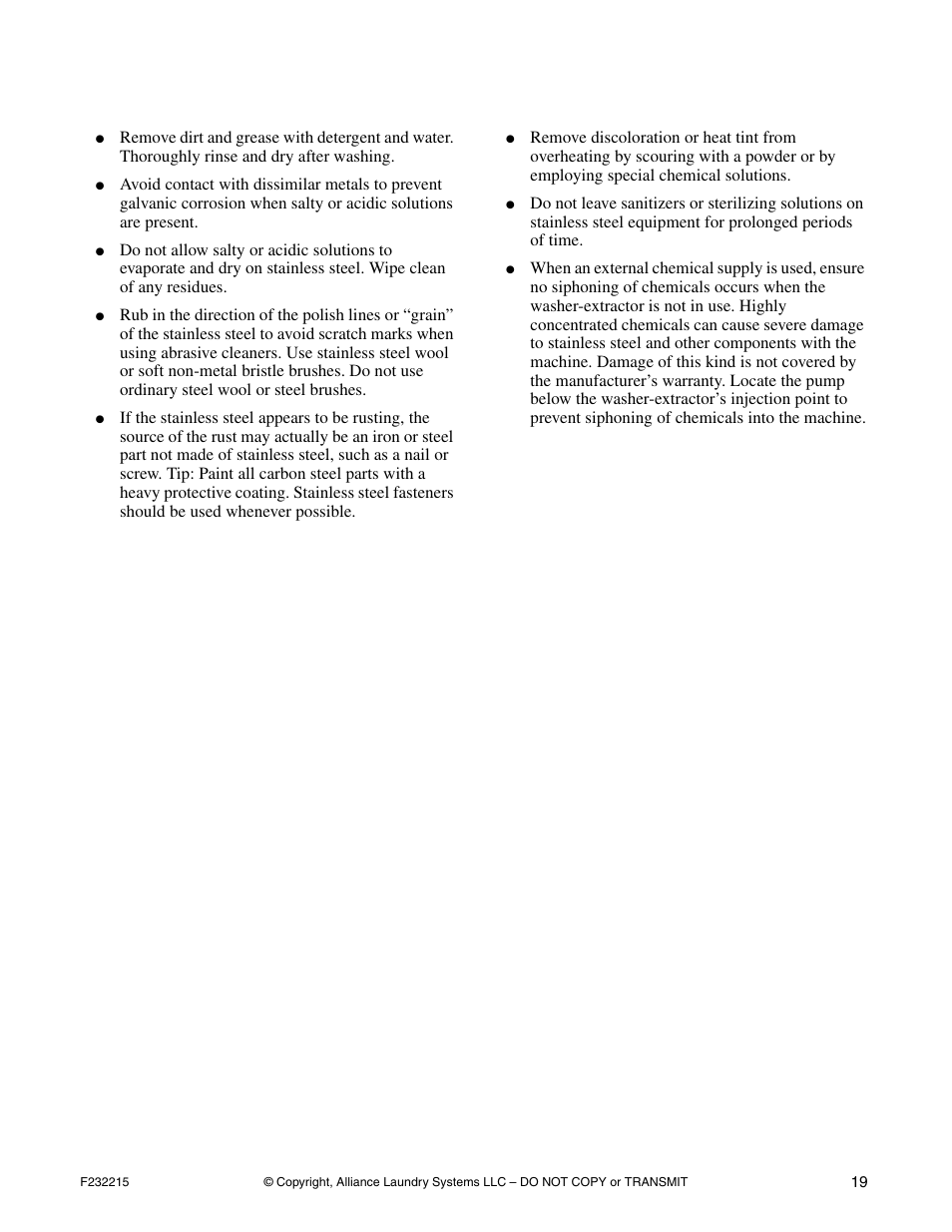 Care of stainless steel | Alliance Laundry Systems HC125BYV User Manual | Page 21 / 21