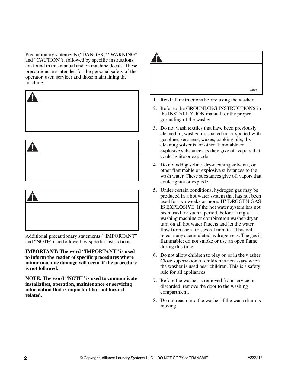 Safety information, Explanation of safety messages, Important safety instructions | Danger, Warning, Caution | Alliance Laundry Systems HC125BYV User Manual | Page 4 / 21