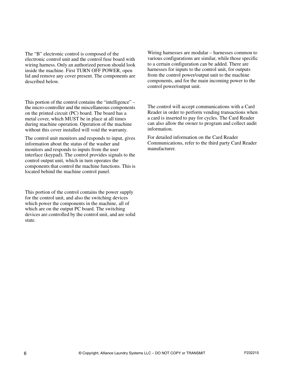Introduction, Electronic control unit, Control output fuse board | Harnessing, Communications | Alliance Laundry Systems HC125BYV User Manual | Page 8 / 21
