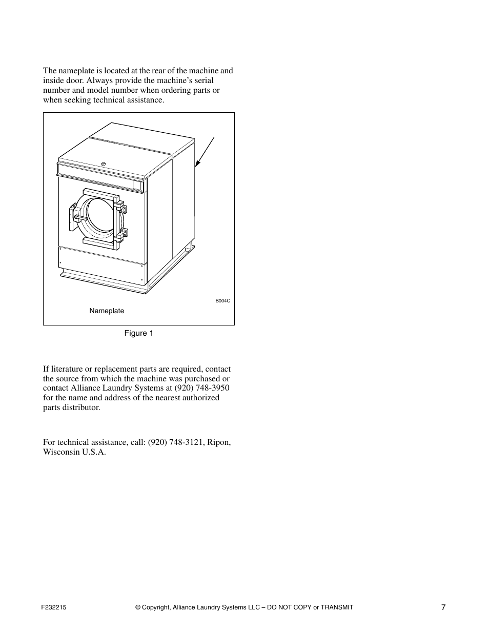 Nameplate location, Replacement parts, Customer service | Alliance Laundry Systems HC125BYV User Manual | Page 9 / 21
