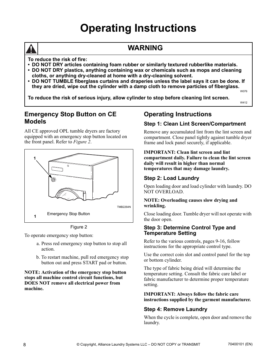 Operating instructions, Emergency stop button on ce models, Warning | Alliance Laundry Systems 602004144 User Manual | Page 10 / 28