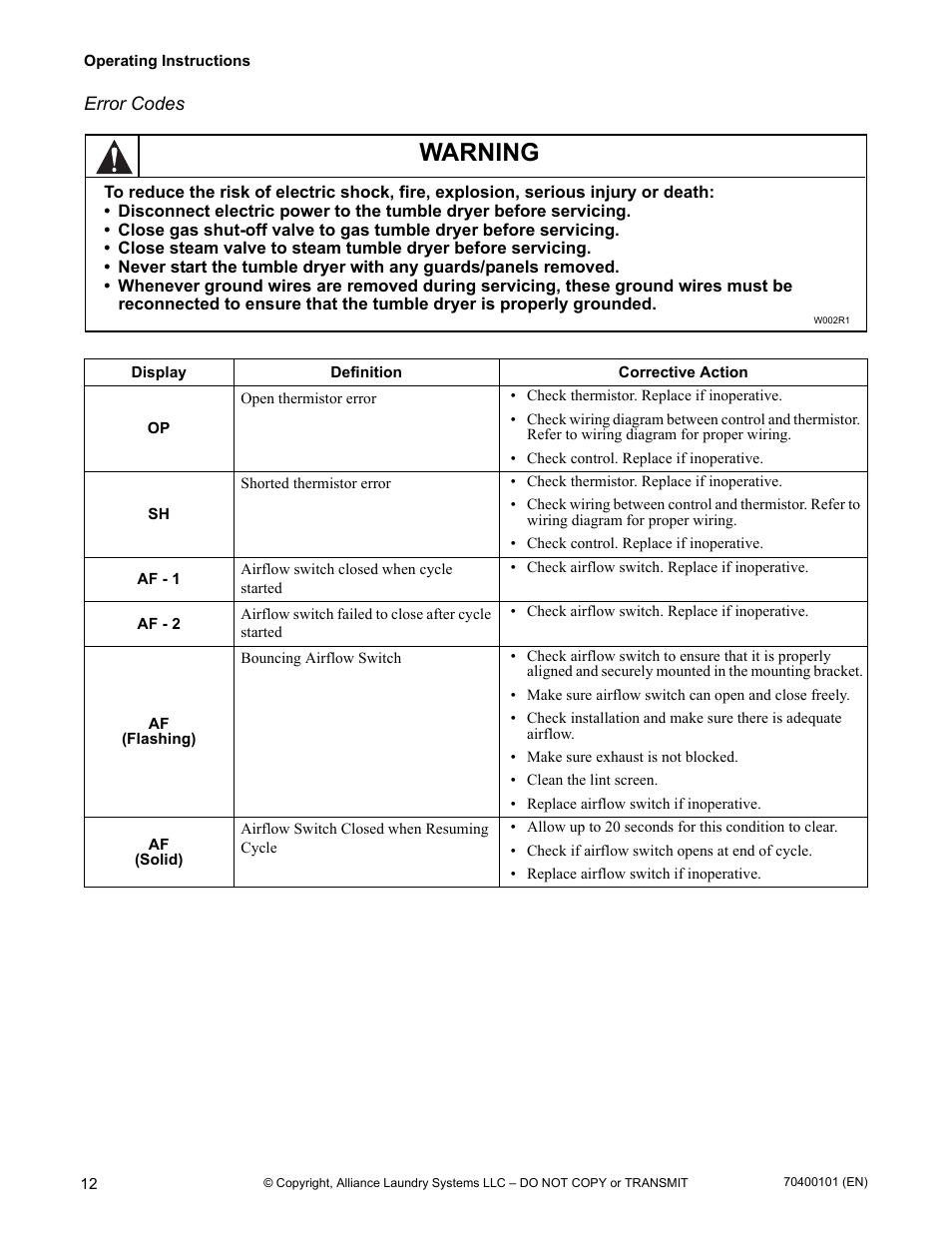 Warning | Alliance Laundry Systems 602004144 User Manual | Page 14 / 28