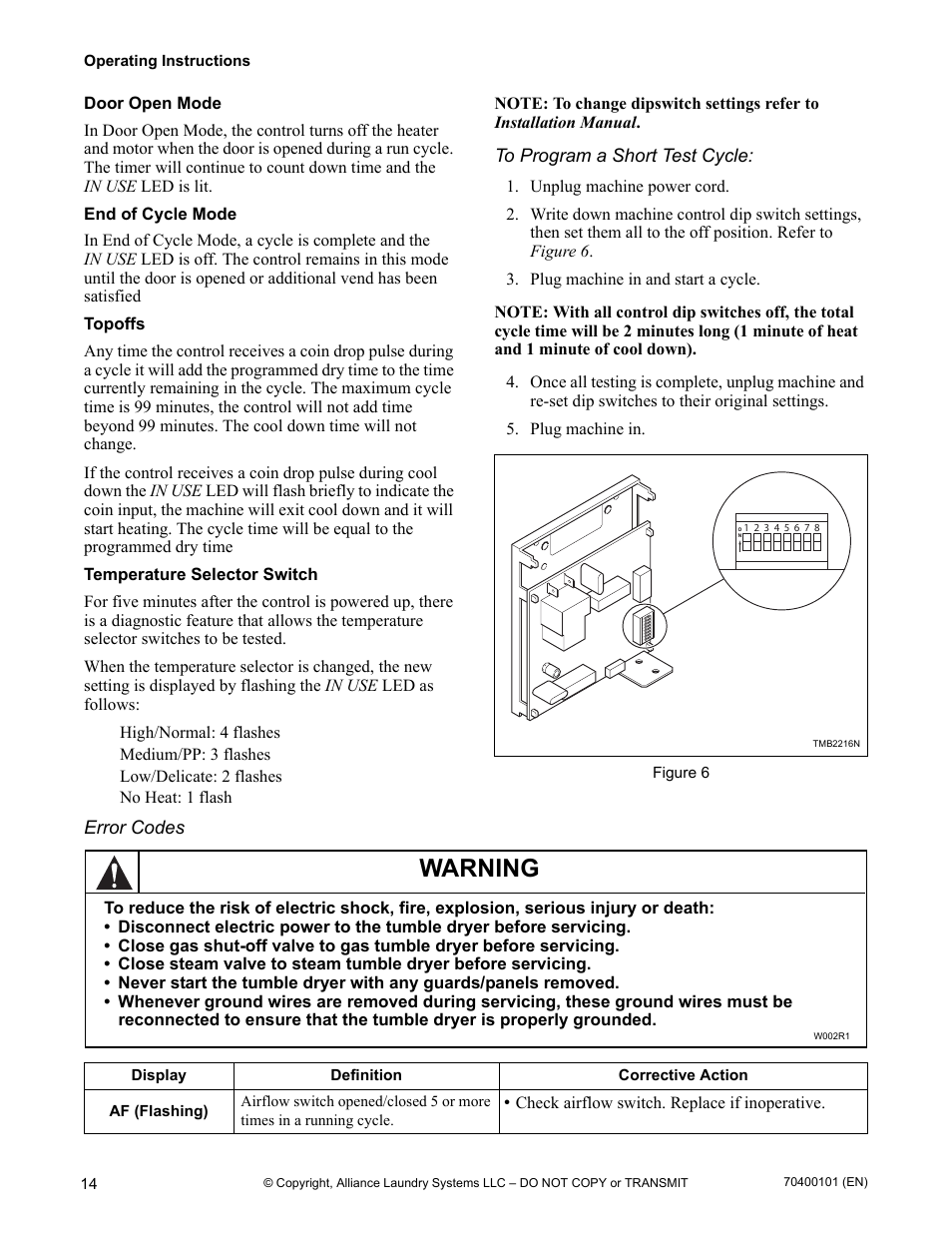 Warning | Alliance Laundry Systems 602004144 User Manual | Page 16 / 28