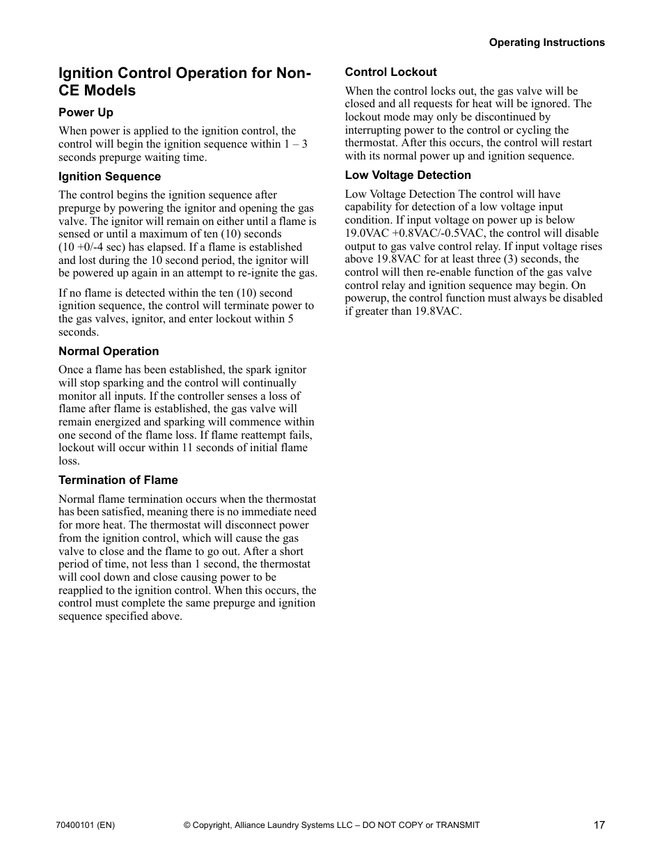 Ignition control operation for non-ce models, Ignition control operation for non- ce models | Alliance Laundry Systems 602004144 User Manual | Page 19 / 28