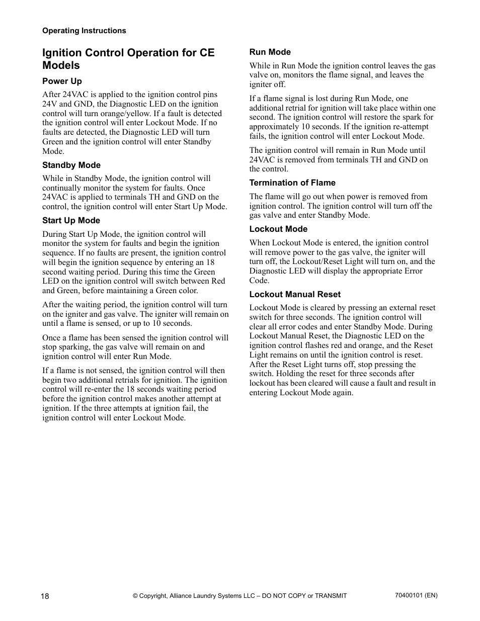 Ignition control operation for ce models | Alliance Laundry Systems 602004144 User Manual | Page 20 / 28