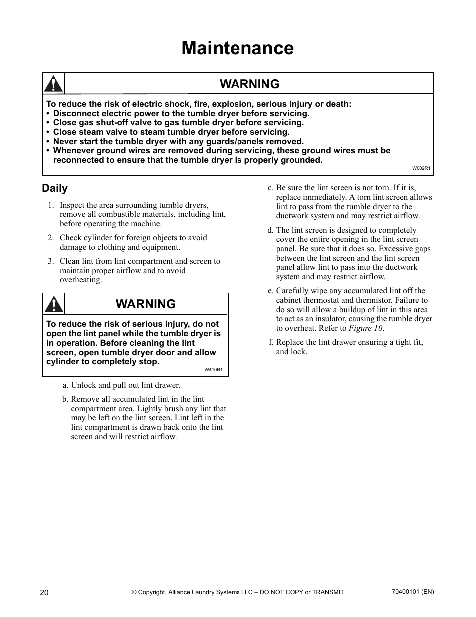 Maintenance, Daily, Warning | Alliance Laundry Systems 602004144 User Manual | Page 22 / 28