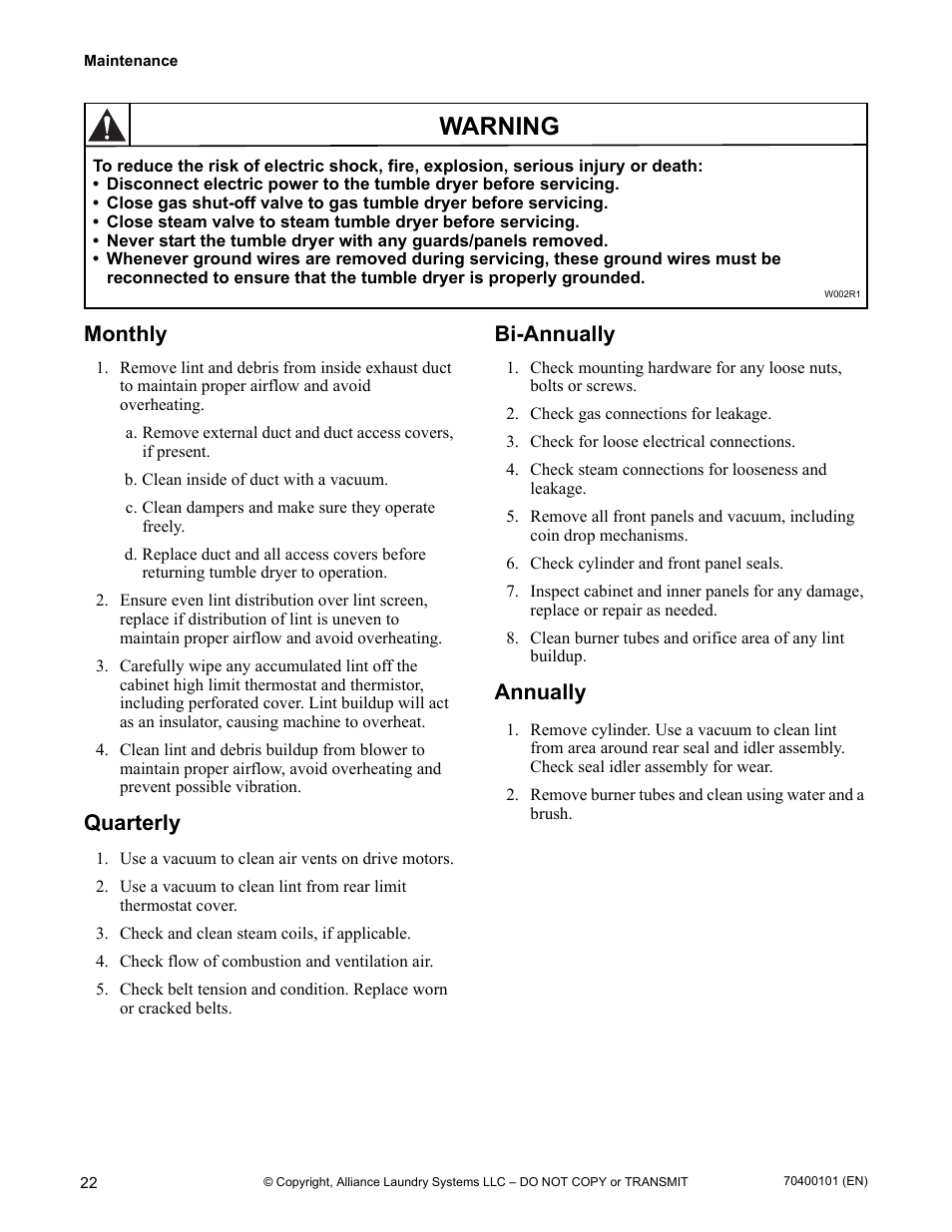 Monthly quarterly bi-annually annually, Warning, Monthly | Quarterly, Bi-annually, Annually | Alliance Laundry Systems 602004144 User Manual | Page 24 / 28