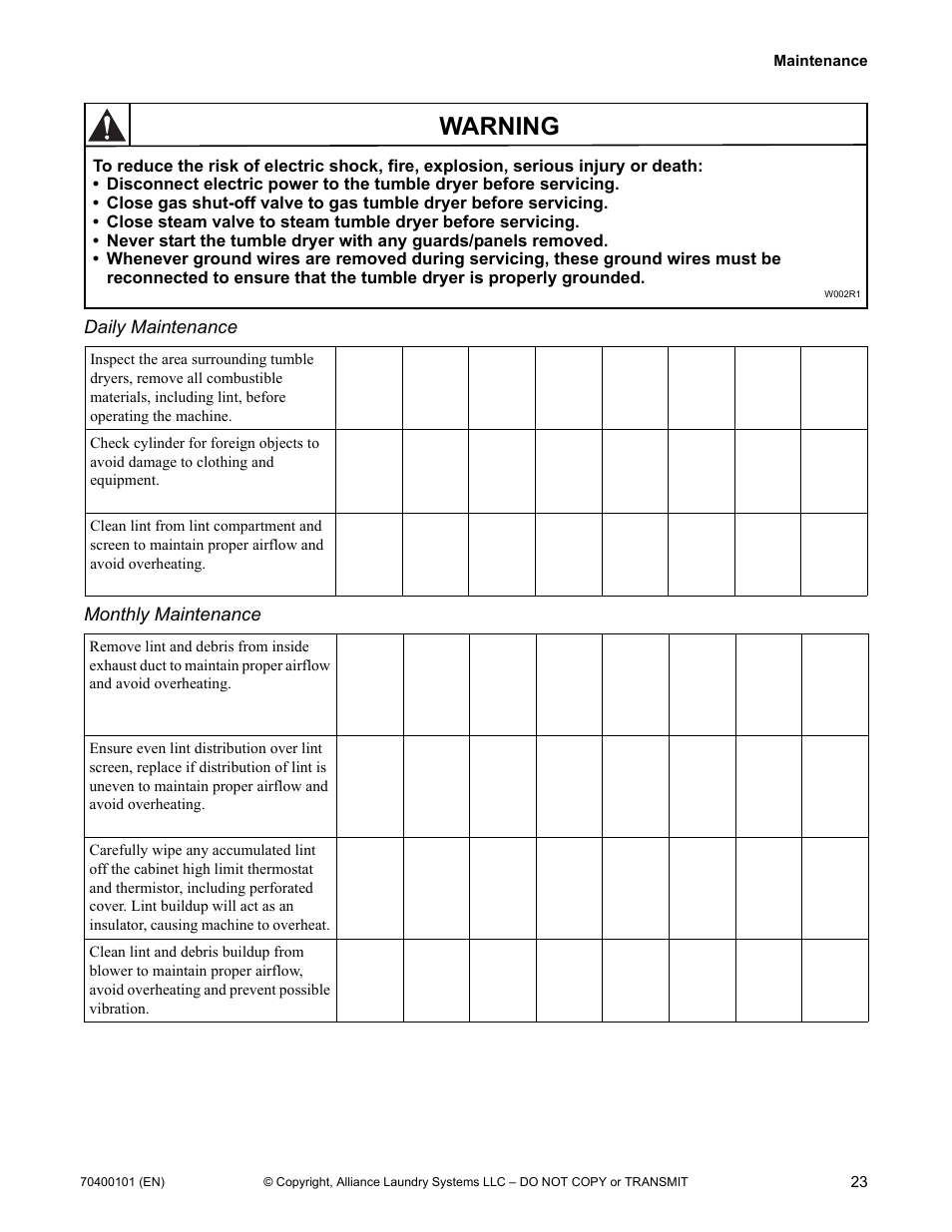 Warning | Alliance Laundry Systems 602004144 User Manual | Page 25 / 28