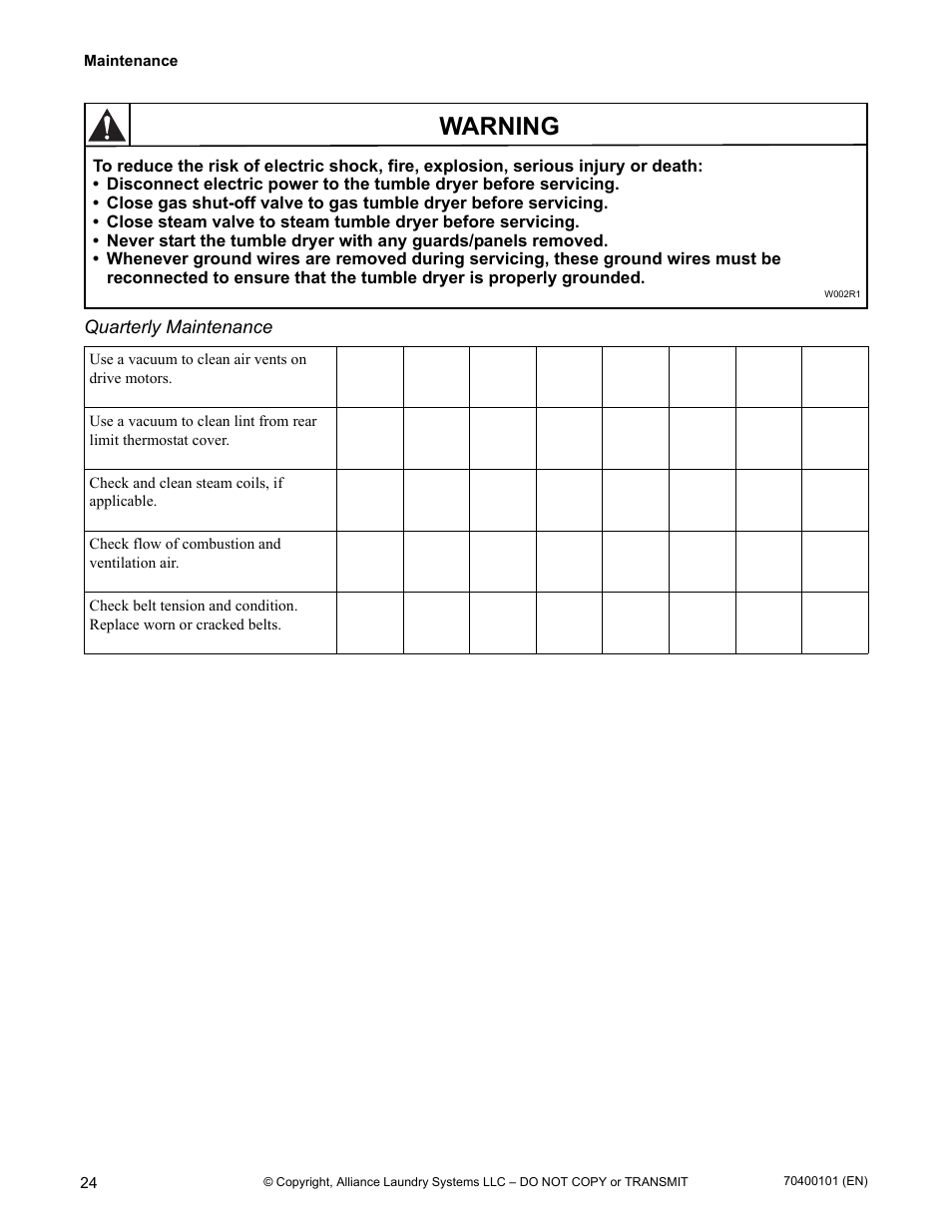 Warning | Alliance Laundry Systems 602004144 User Manual | Page 26 / 28