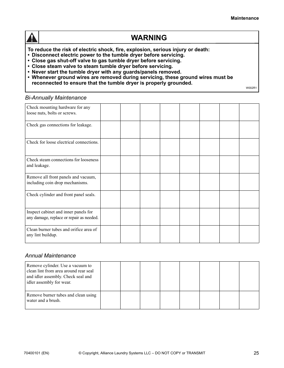 Warning | Alliance Laundry Systems 602004144 User Manual | Page 27 / 28