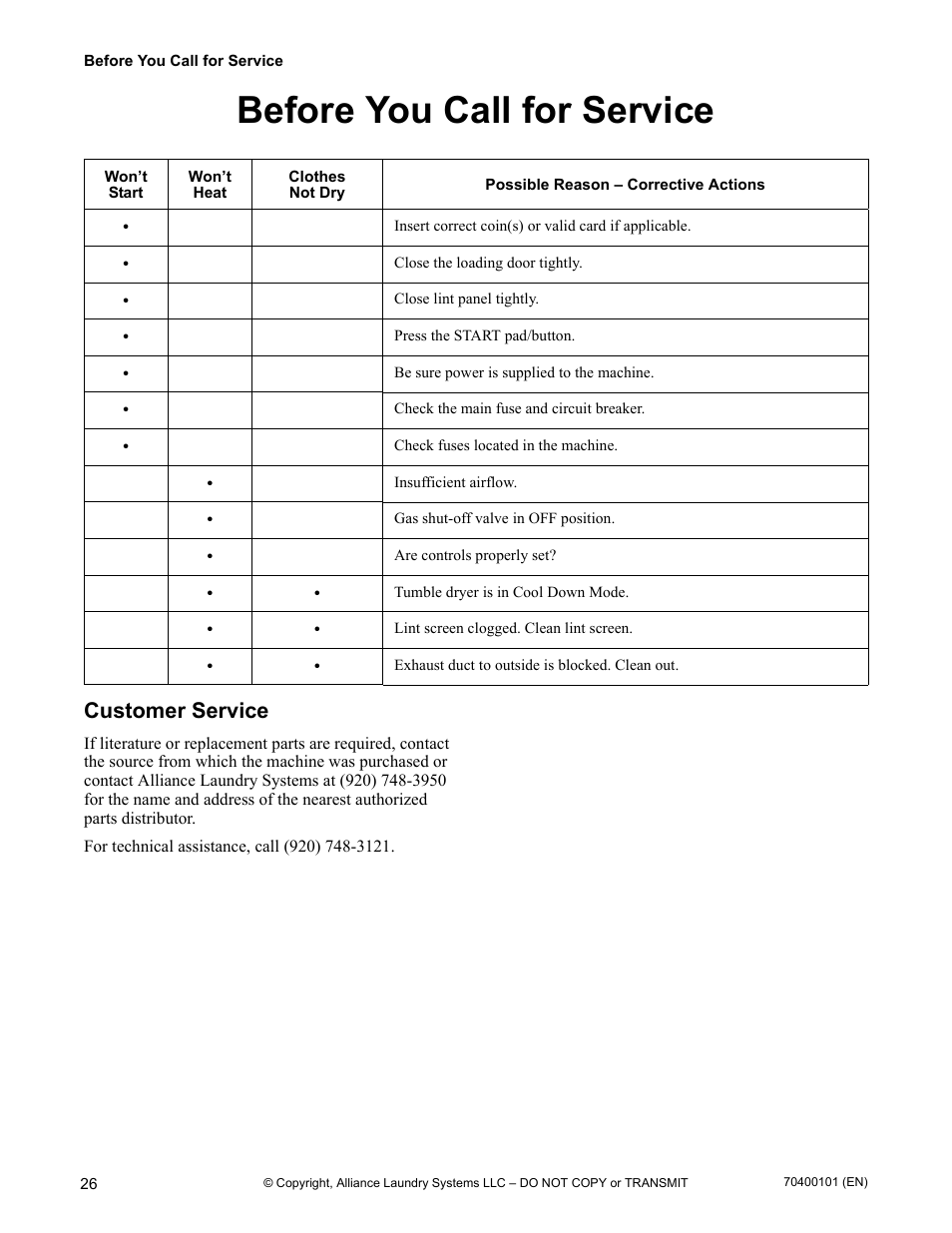 Before you call for service, Customer service | Alliance Laundry Systems 602004144 User Manual | Page 28 / 28