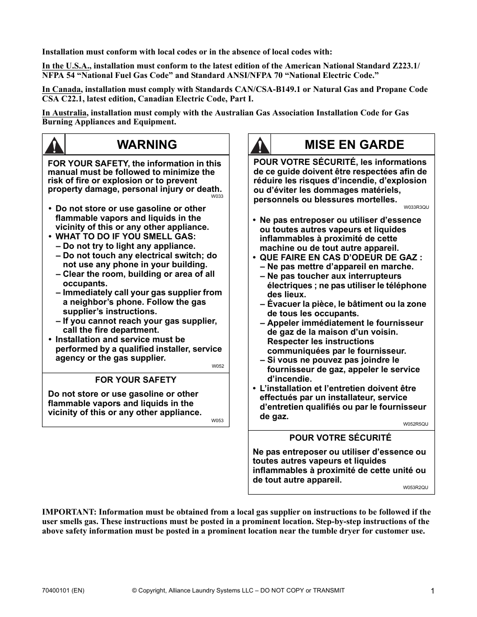 Warning, Mise en garde | Alliance Laundry Systems 602004144 User Manual | Page 3 / 28