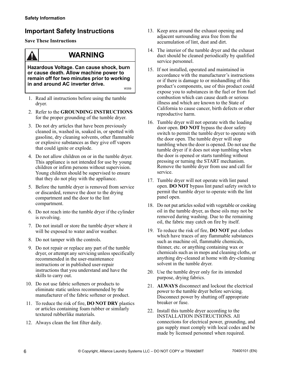 Important safety instructions, Warning | Alliance Laundry Systems 602004144 User Manual | Page 8 / 28