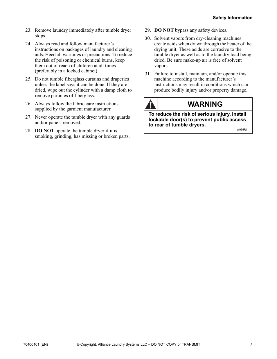 Warning | Alliance Laundry Systems 602004144 User Manual | Page 9 / 28