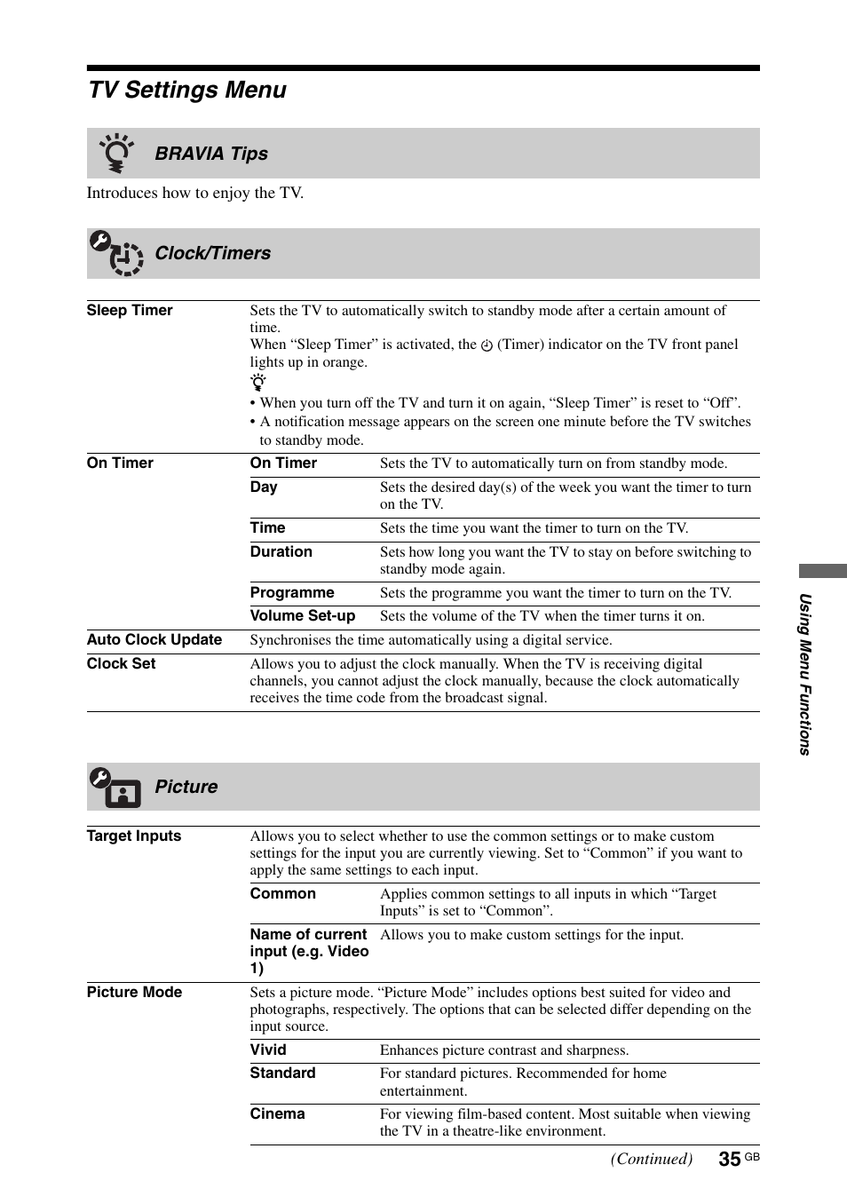 Tv settings menu, Ge 35 | Sony KDL-70X4500 User Manual | Page 35 / 108