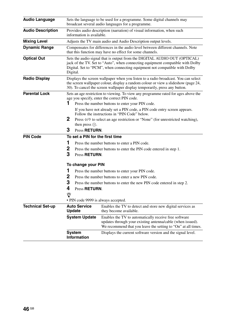 Sony KDL-70X4500 User Manual | Page 46 / 108