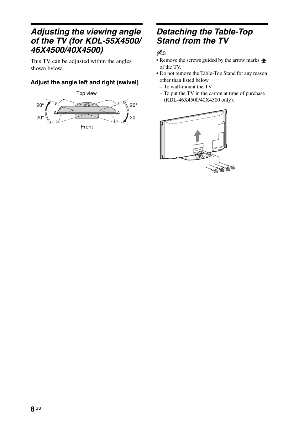 Detaching the table-top stand from the tv | Sony KDL-70X4500 User Manual | Page 8 / 108