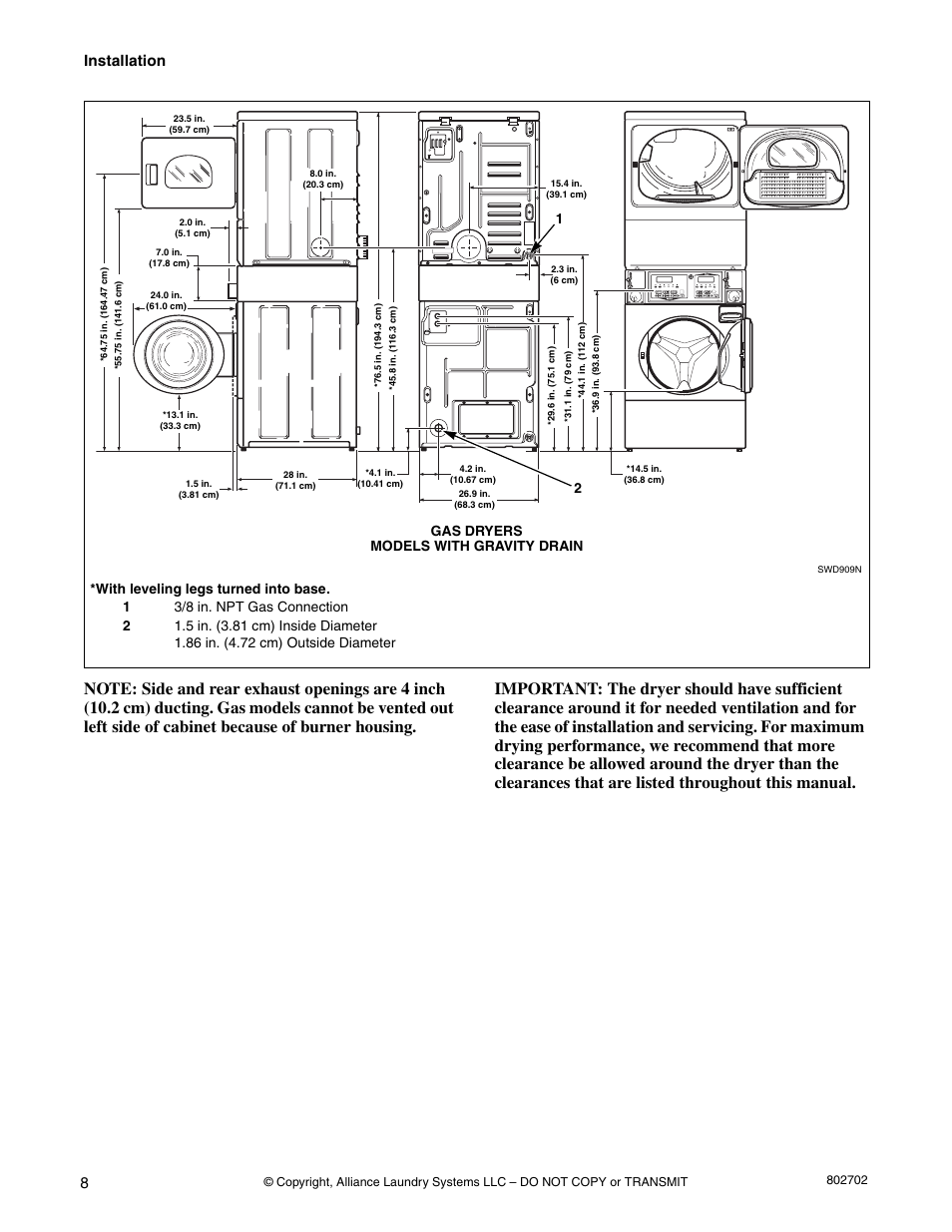 Installation, Gas dryers, Models with gravity drain | Alliance Laundry Systems SWD447C User Manual | Page 10 / 54