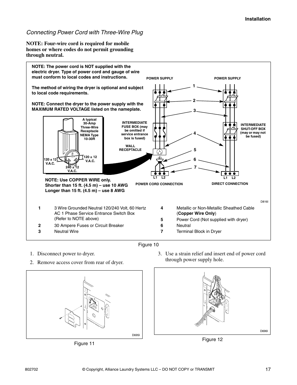 Connecting power cord with three-wire plug | Alliance Laundry Systems SWD447C User Manual | Page 19 / 54