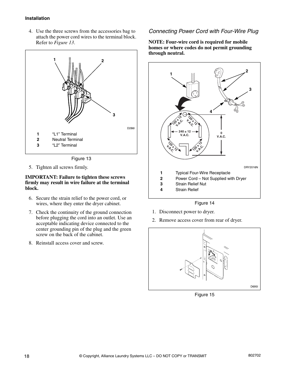 Connecting power cord with four-wire plug | Alliance Laundry Systems SWD447C User Manual | Page 20 / 54