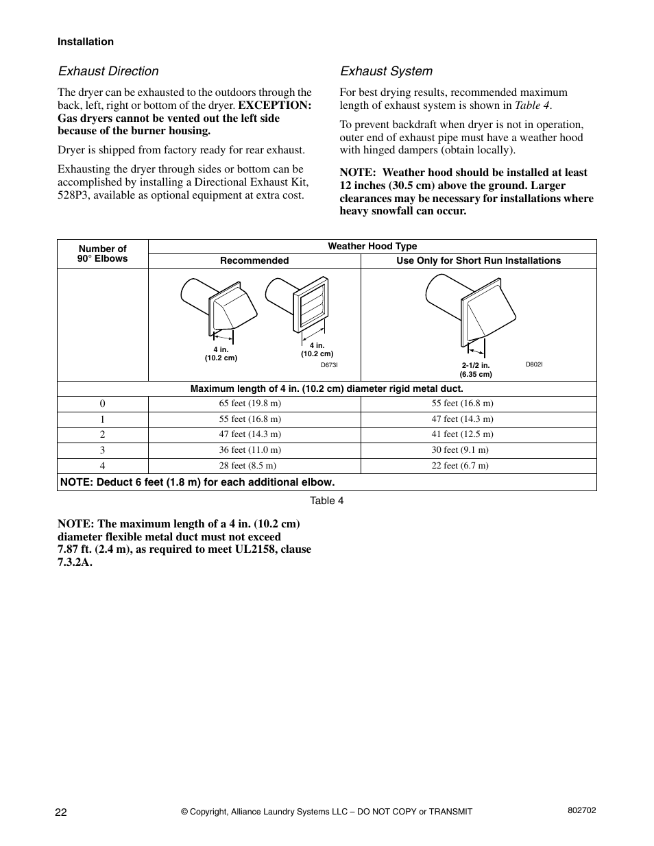 Exhaust direction, Exhaust system | Alliance Laundry Systems SWD447C User Manual | Page 24 / 54