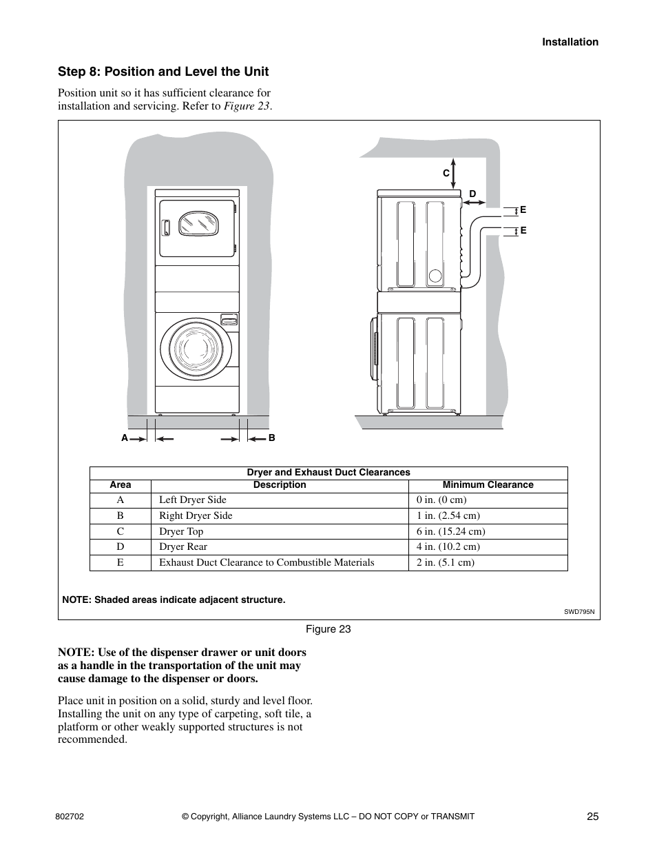 Step 8: position and level the unit | Alliance Laundry Systems SWD447C User Manual | Page 27 / 54