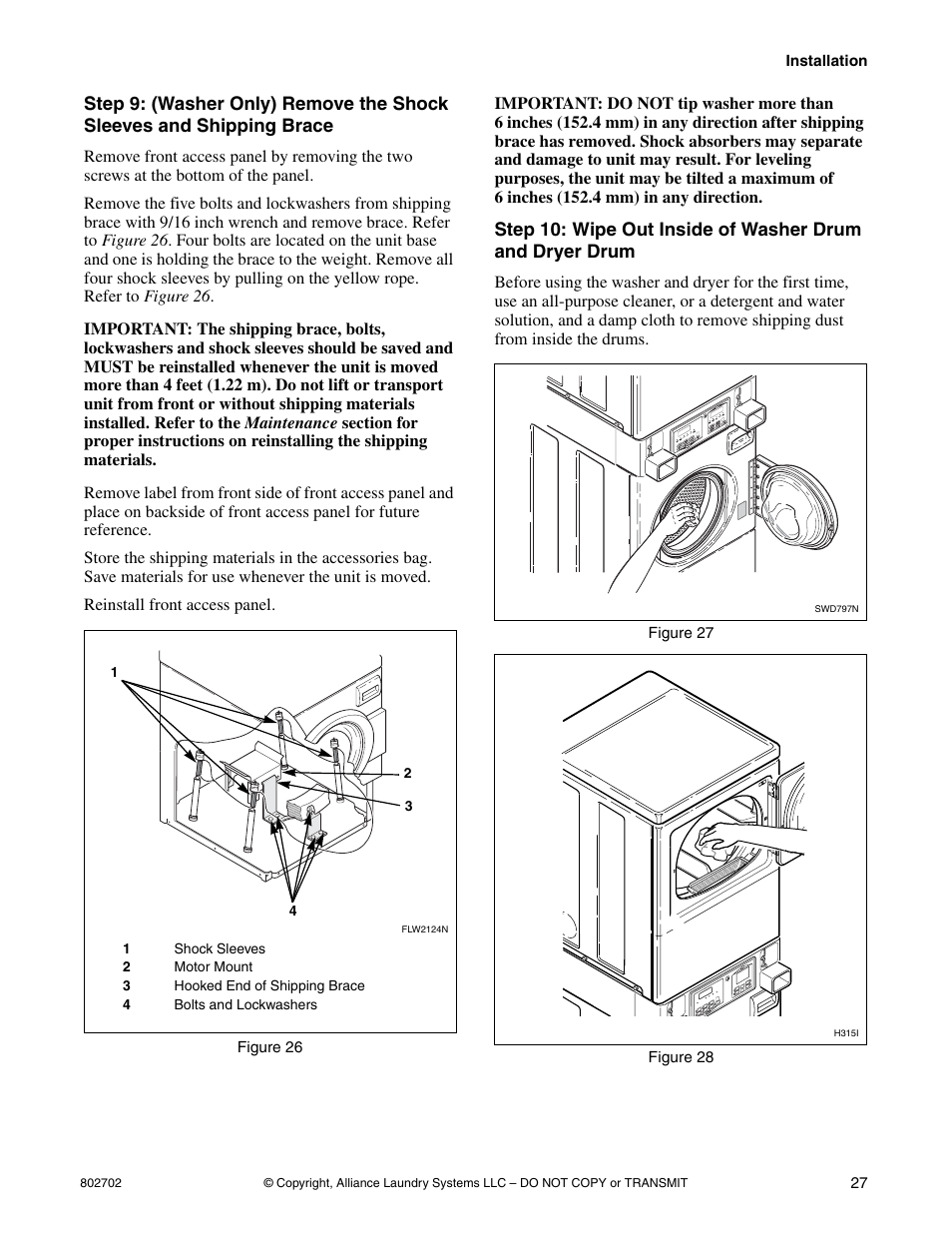 Step 9: (washer only) remove the shock sleeves, And shipping brace | Alliance Laundry Systems SWD447C User Manual | Page 29 / 54