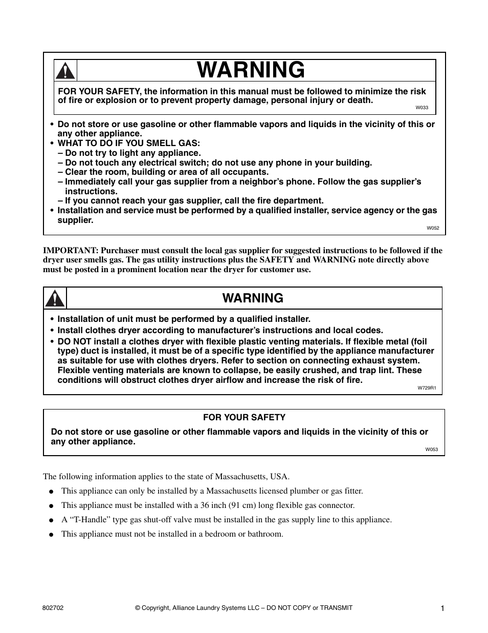 Warning | Alliance Laundry Systems SWD447C User Manual | Page 3 / 54