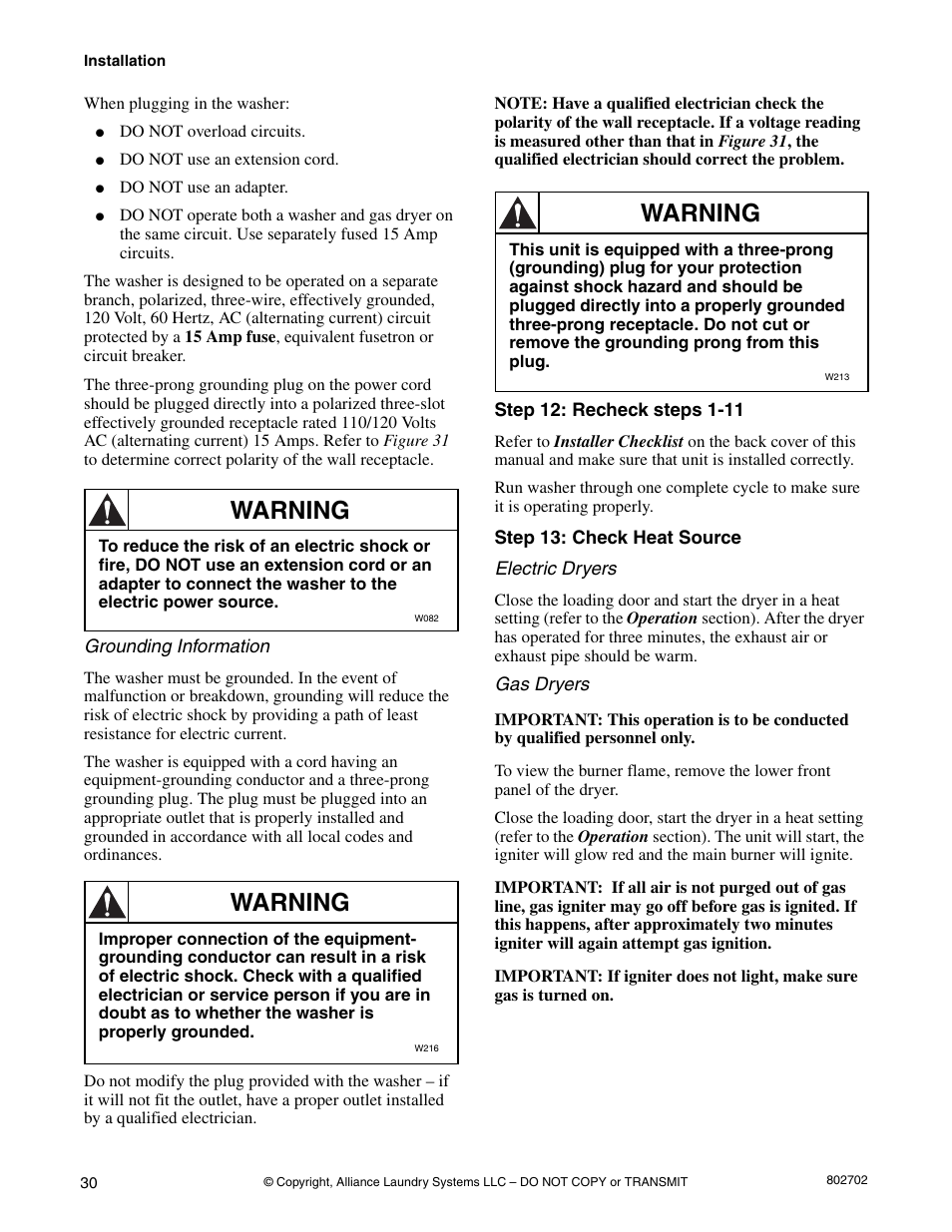 Warning | Alliance Laundry Systems SWD447C User Manual | Page 32 / 54