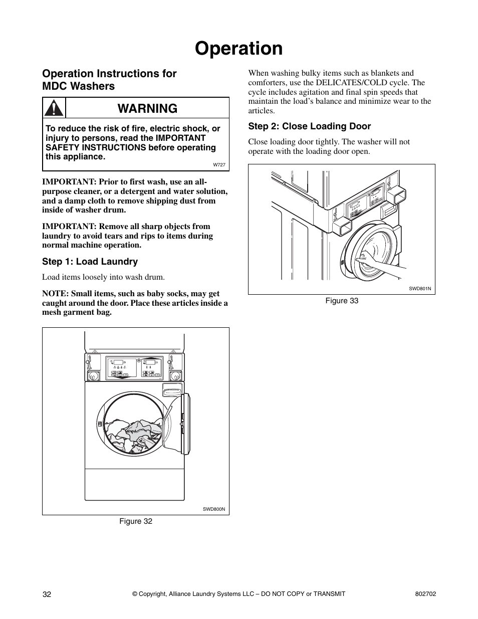 Operation, Operation instructions for mdc washers, Step 1: load laundry step 2: close loading door | Warning | Alliance Laundry Systems SWD447C User Manual | Page 34 / 54