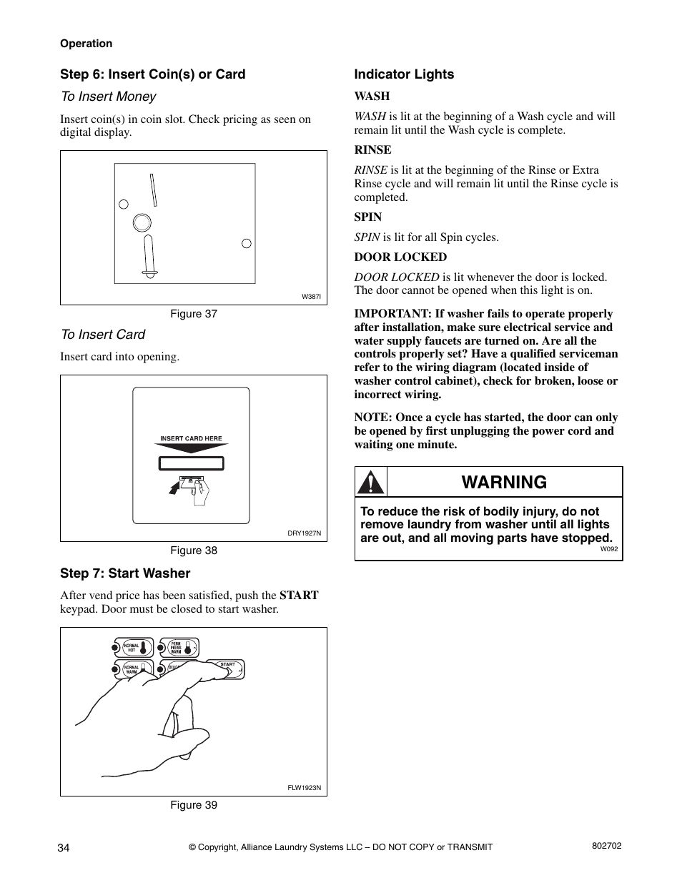 Warning | Alliance Laundry Systems SWD447C User Manual | Page 36 / 54