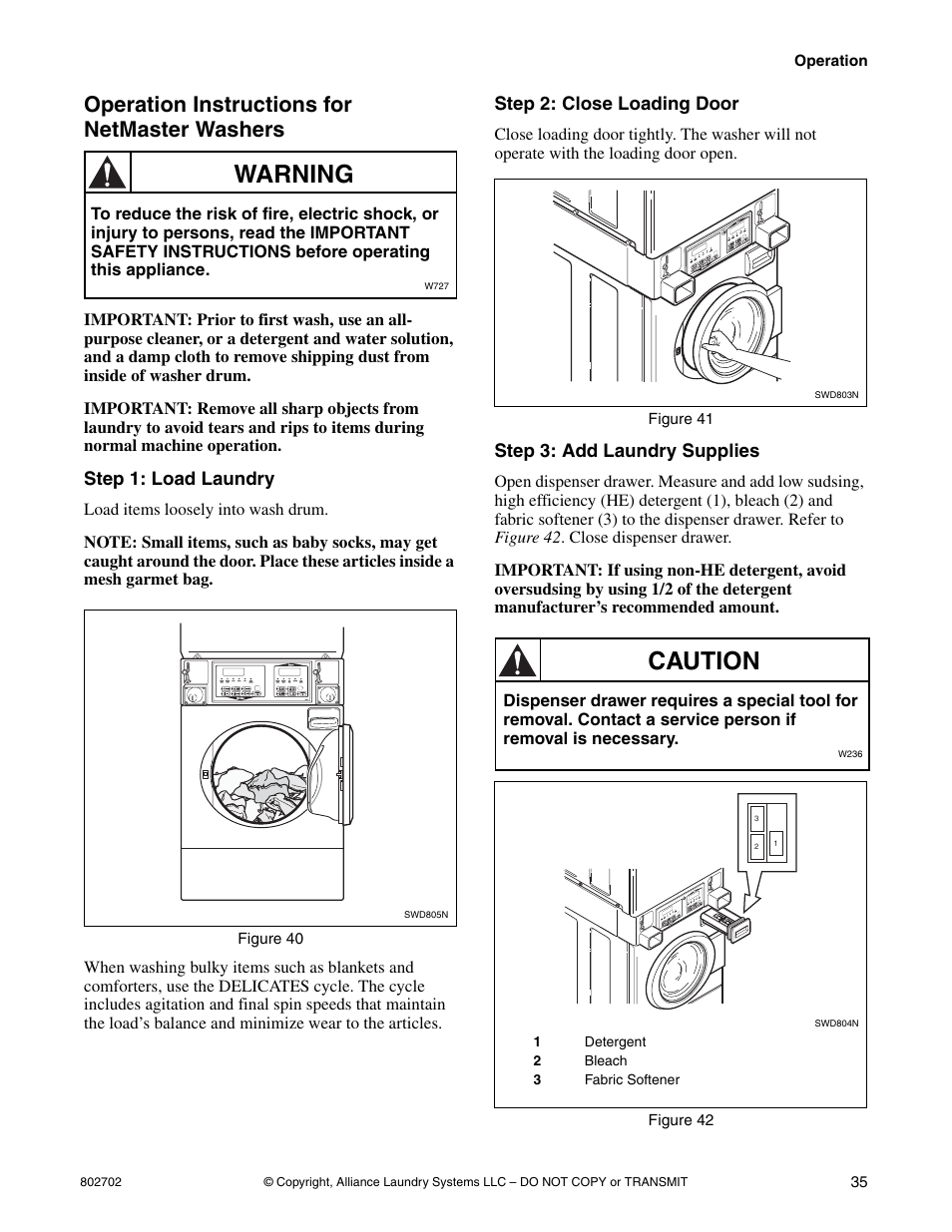 Operation instructions for netmaster washers, Warning, Caution | Alliance Laundry Systems SWD447C User Manual | Page 37 / 54