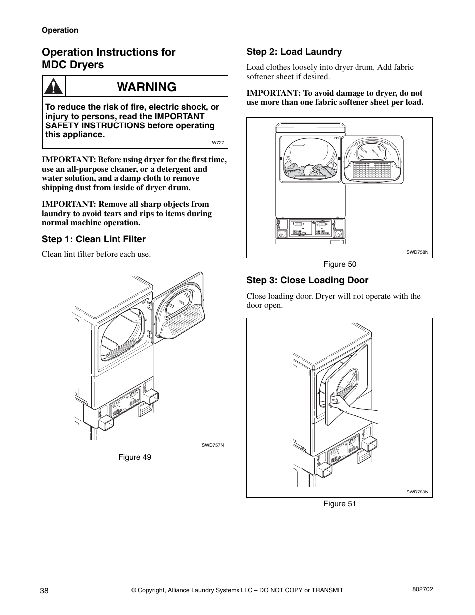 Operation instructions for mdc dryers, Warning | Alliance Laundry Systems SWD447C User Manual | Page 40 / 54