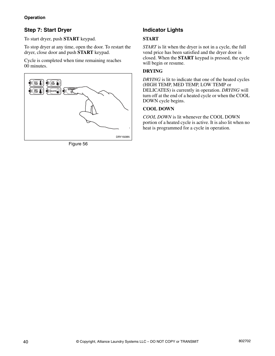 Step 7: start dryer indicator lights | Alliance Laundry Systems SWD447C User Manual | Page 42 / 54