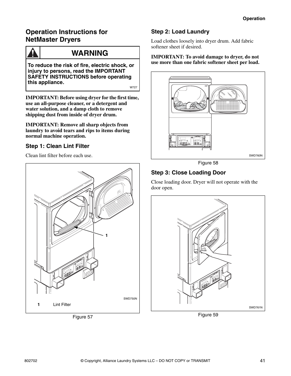 Operation instructions for netmaster dryers, Warning | Alliance Laundry Systems SWD447C User Manual | Page 43 / 54