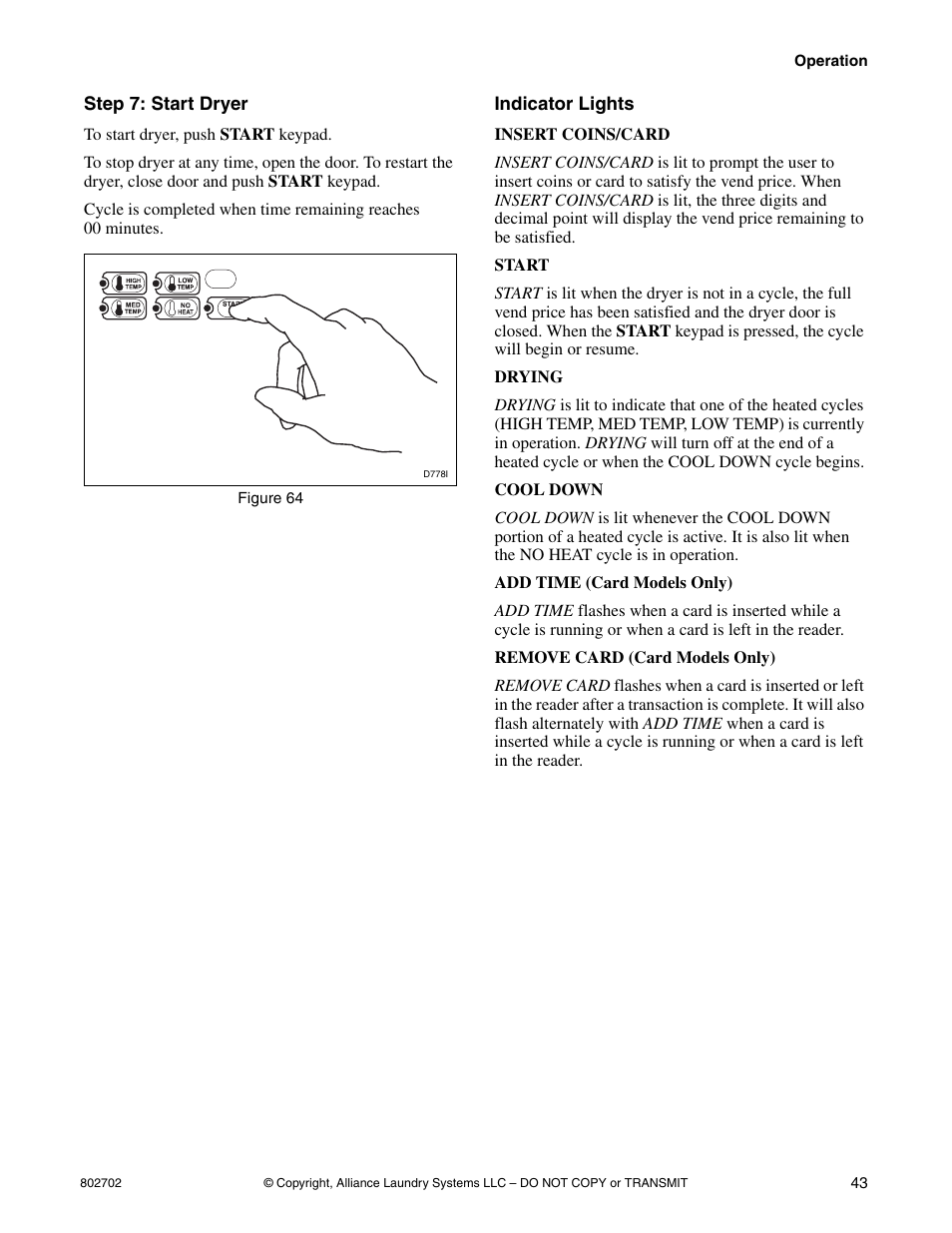 Step 7: start dryer indicator lights | Alliance Laundry Systems SWD447C User Manual | Page 45 / 54
