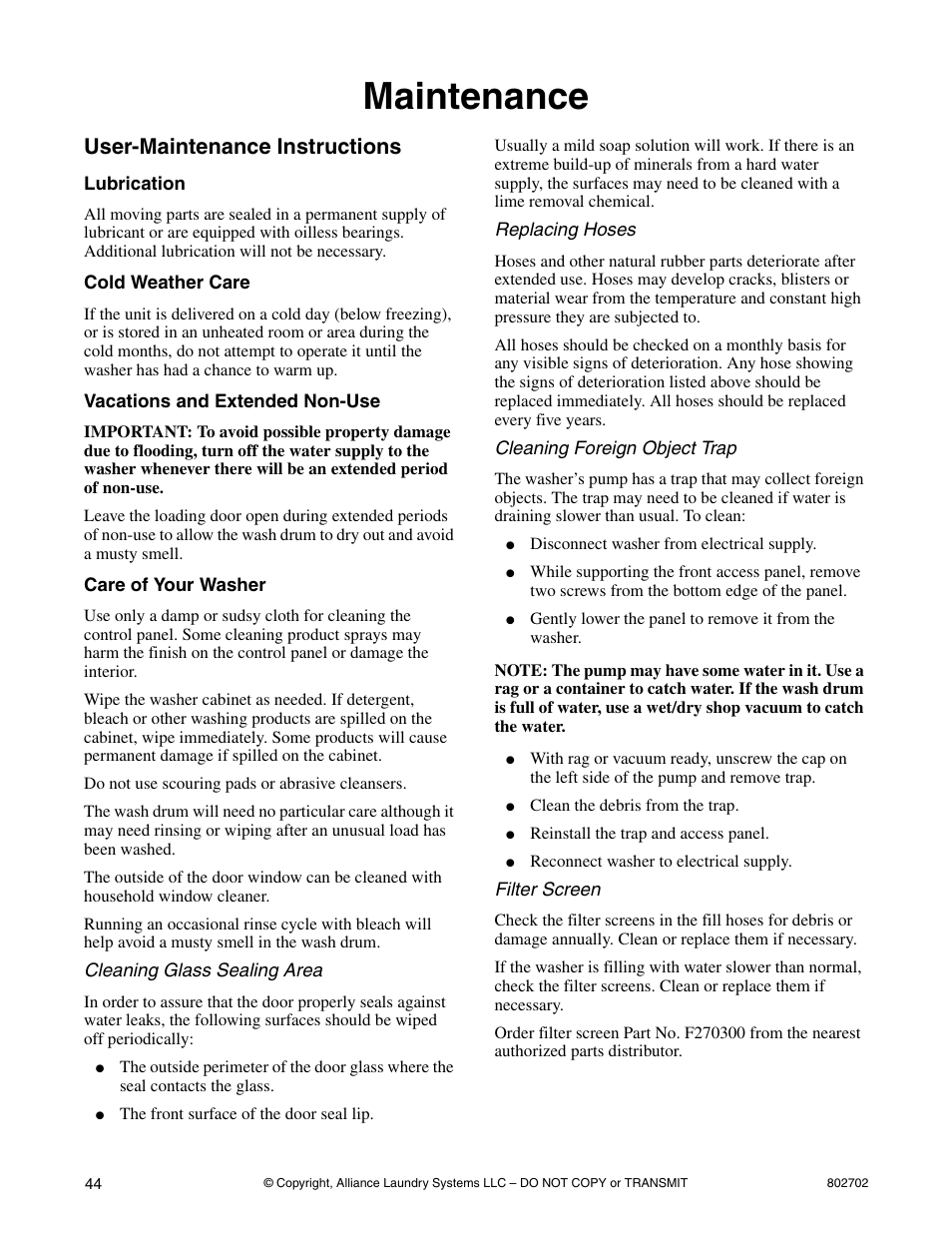 Maintenance, User-maintenance instructions | Alliance Laundry Systems SWD447C User Manual | Page 46 / 54