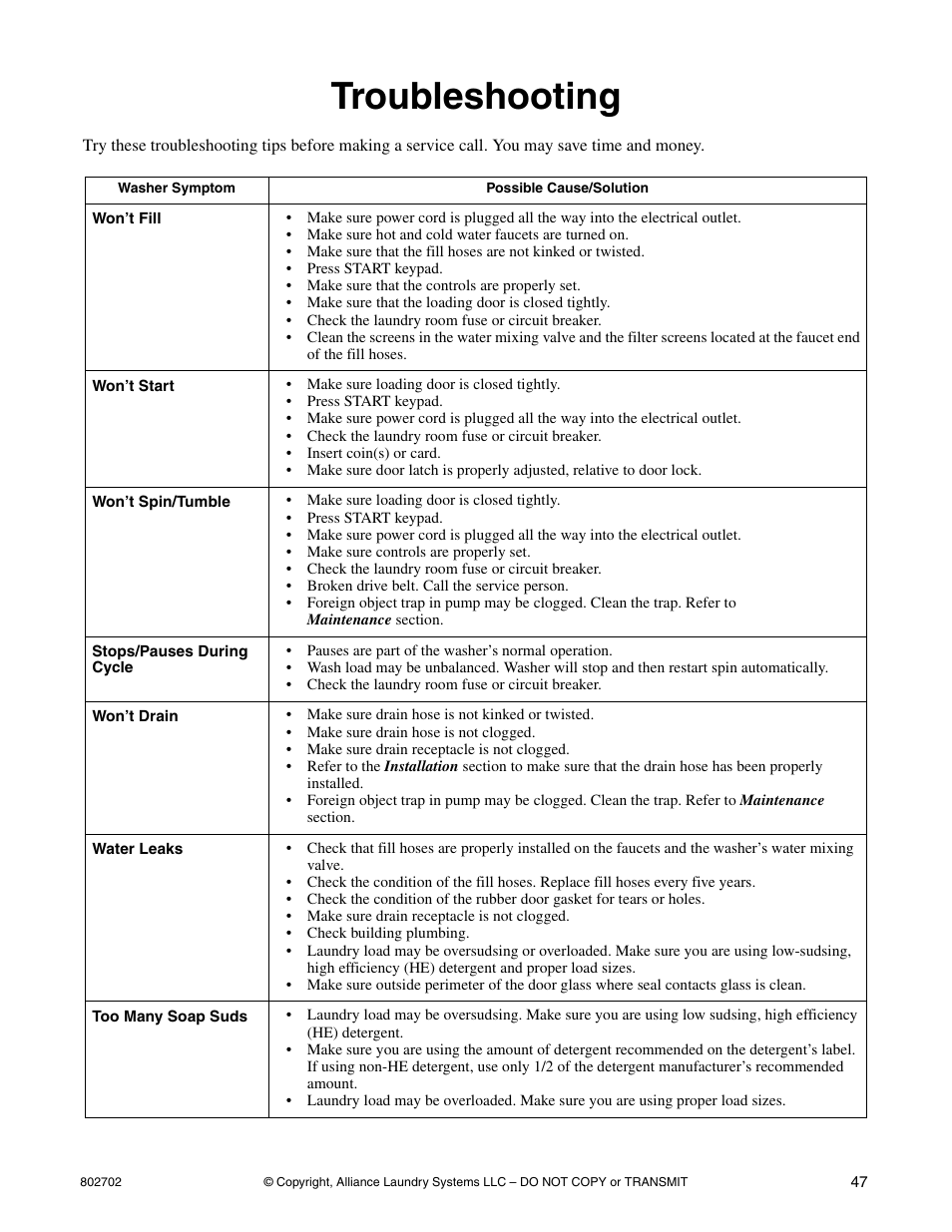 Troubleshooting | Alliance Laundry Systems SWD447C User Manual | Page 49 / 54