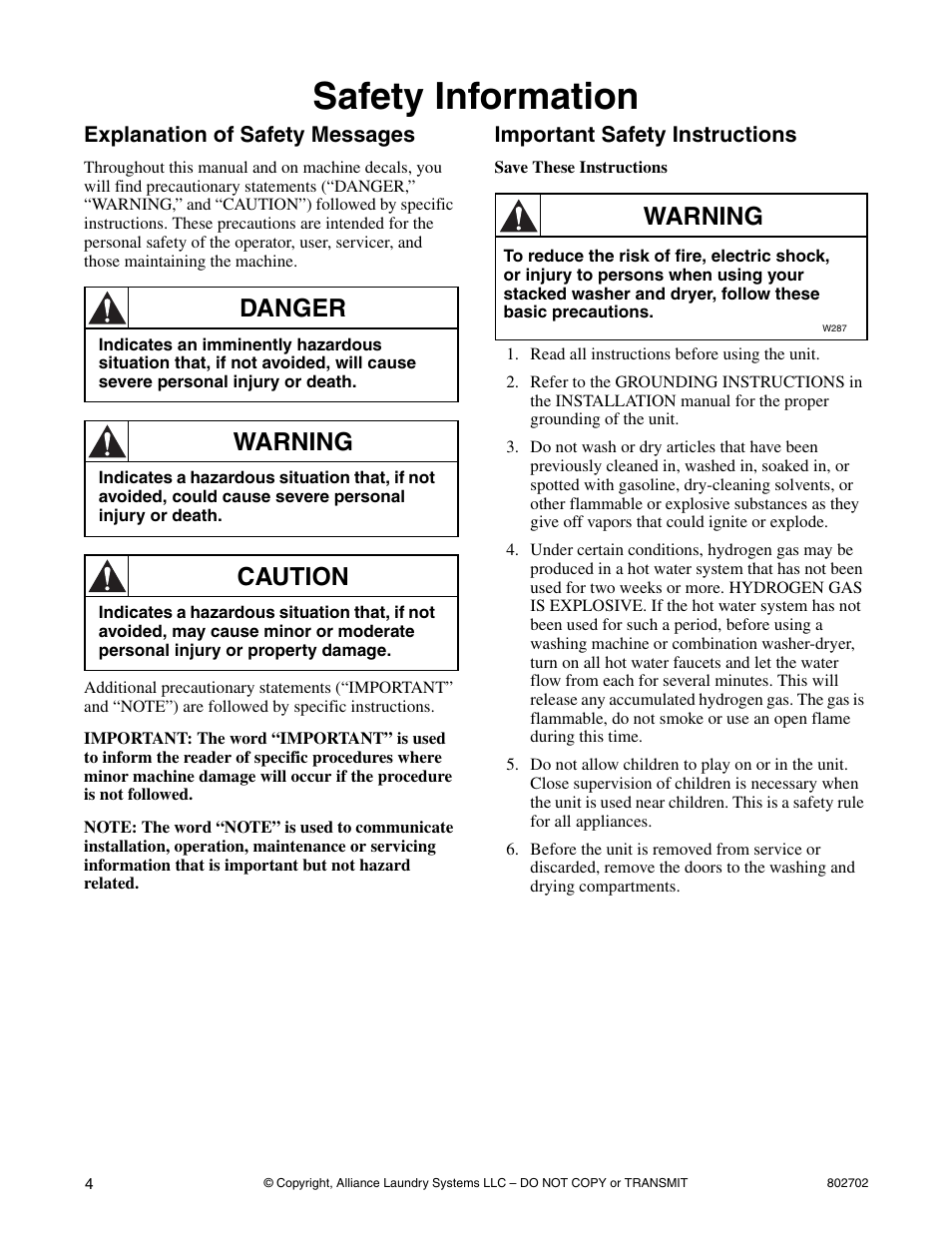 Safety information, Explanation of safety messages, Important safety instructions | Danger, Warning, Caution | Alliance Laundry Systems SWD447C User Manual | Page 6 / 54