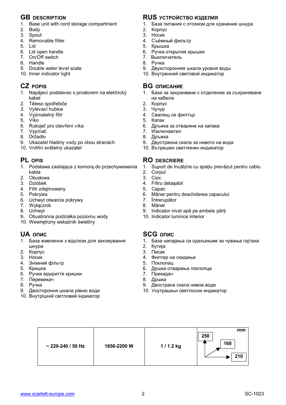 Ua scg | Scarlett SC-1023 User Manual | Page 2 / 20