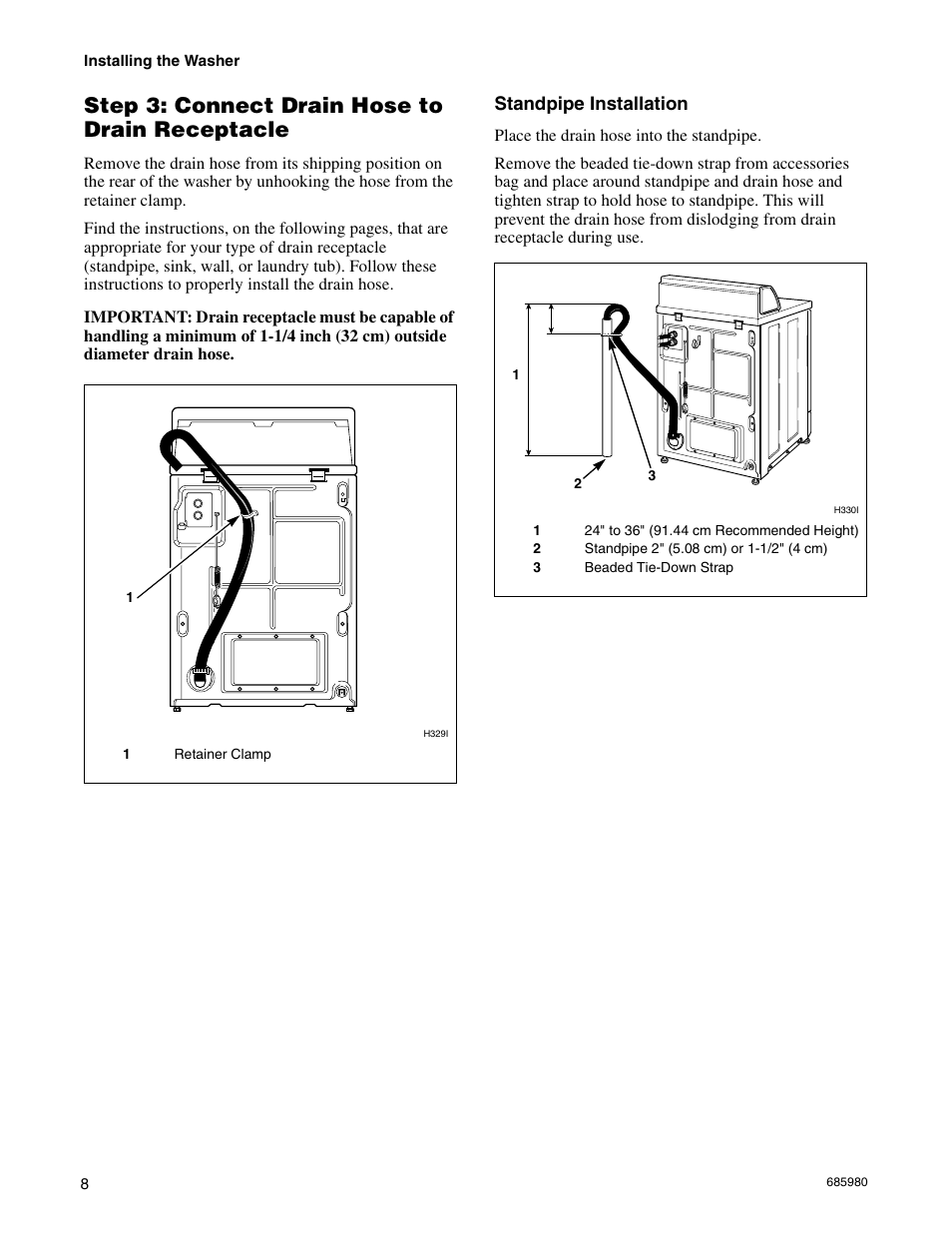 Step 3: connect drain hose to drain receptacle, Standpipe installation | Alliance Laundry Systems H011C User Manual | Page 10 / 42