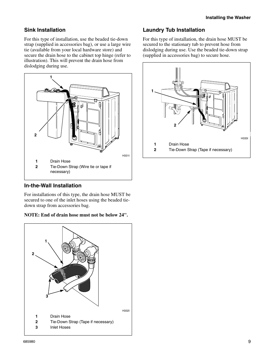 Sink installation, In-the-wall installation, Laundry tub installation | Alliance Laundry Systems H011C User Manual | Page 11 / 42