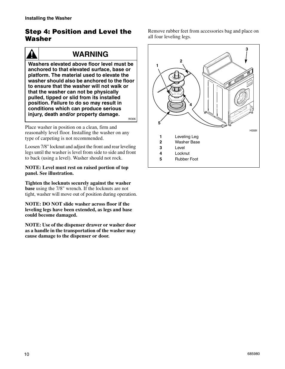 Step 4: position and level the washer, Warning | Alliance Laundry Systems H011C User Manual | Page 12 / 42